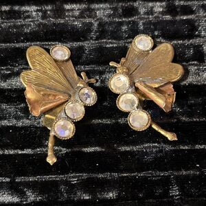 VTG Made In Italy Mixed Metal Brass Copper Rhinestone Butterfly Clip On Earrings